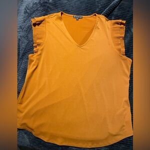 Orange V-Neck Blouse with Pleated Sleeves